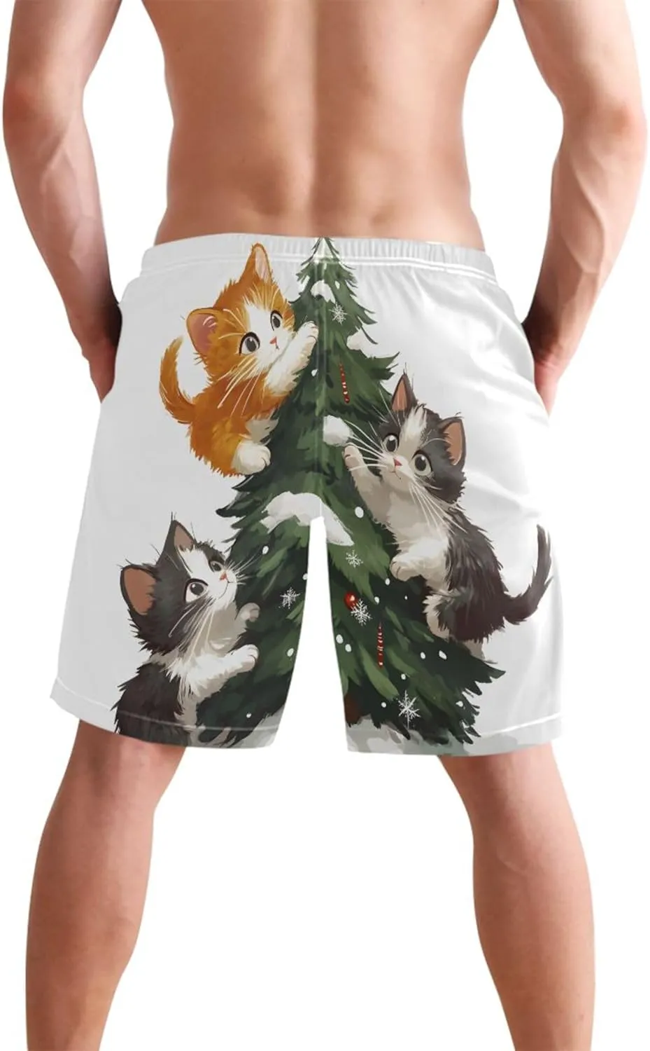 Cute Cats Christmas Tree Men Swim Trunks Funny Quick Dry Bathing Suits Surf Mens Swimming Shorts S