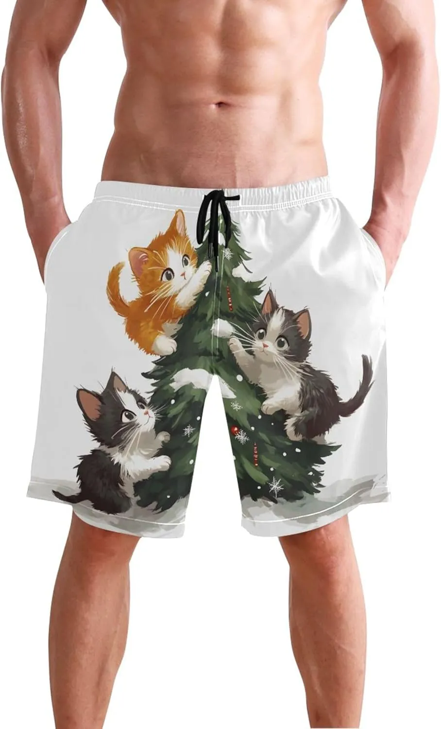 Cute Cats Christmas Tree Men Swim Trunks Funny Quick Dry Bathing Suits Surf Mens Swimming Shorts S
