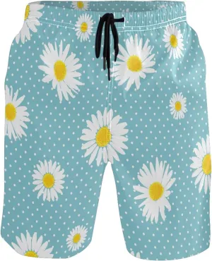 Cute Daisy Floral Blue Mens Swim Trunks Funny Swimwear Bathing Suit Surf Beach Swimming Shorts S