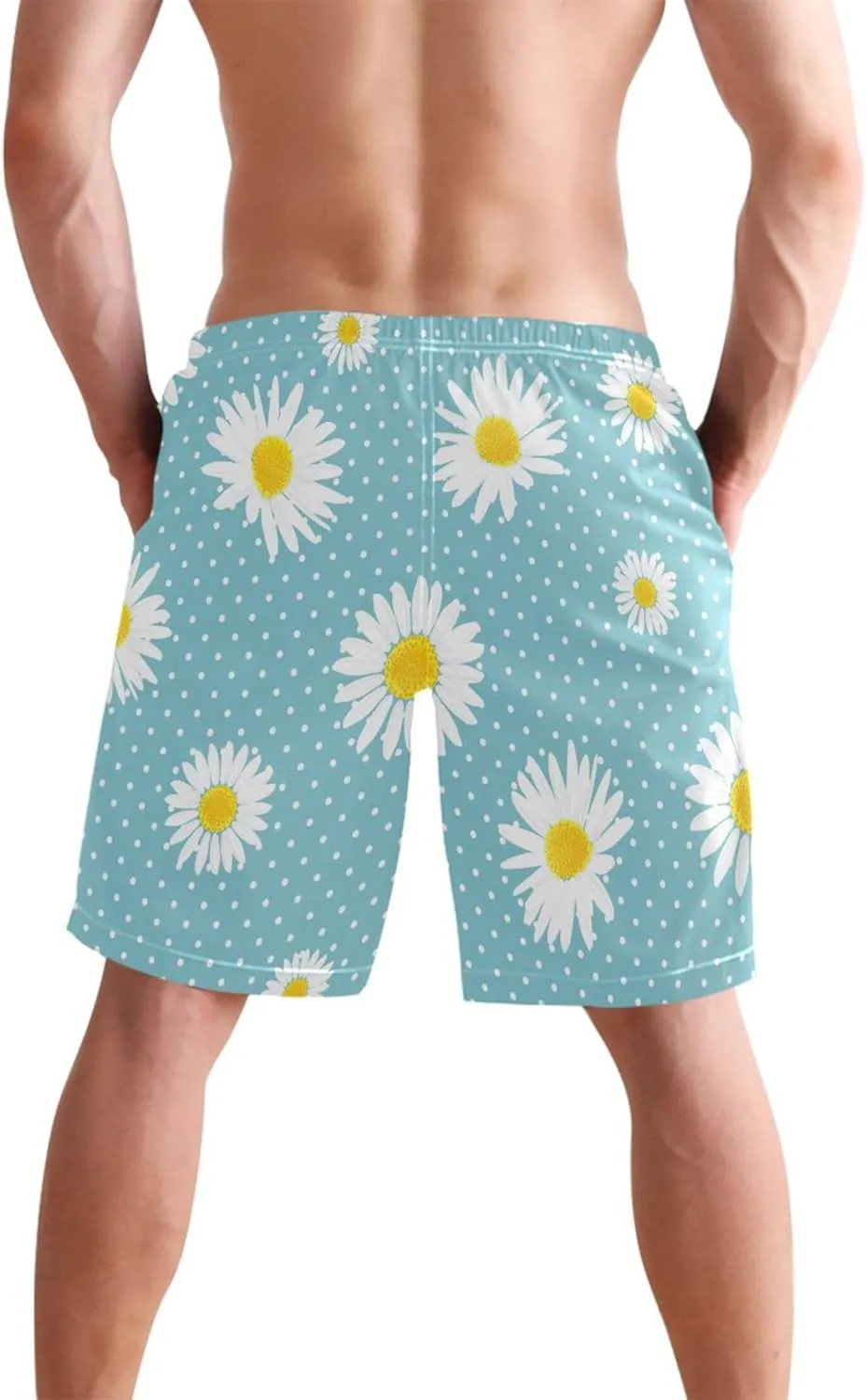 Cute Daisy Floral Blue Mens Swim Trunks Funny Swimwear Bathing Suit Surf Beach Swimming Shorts S