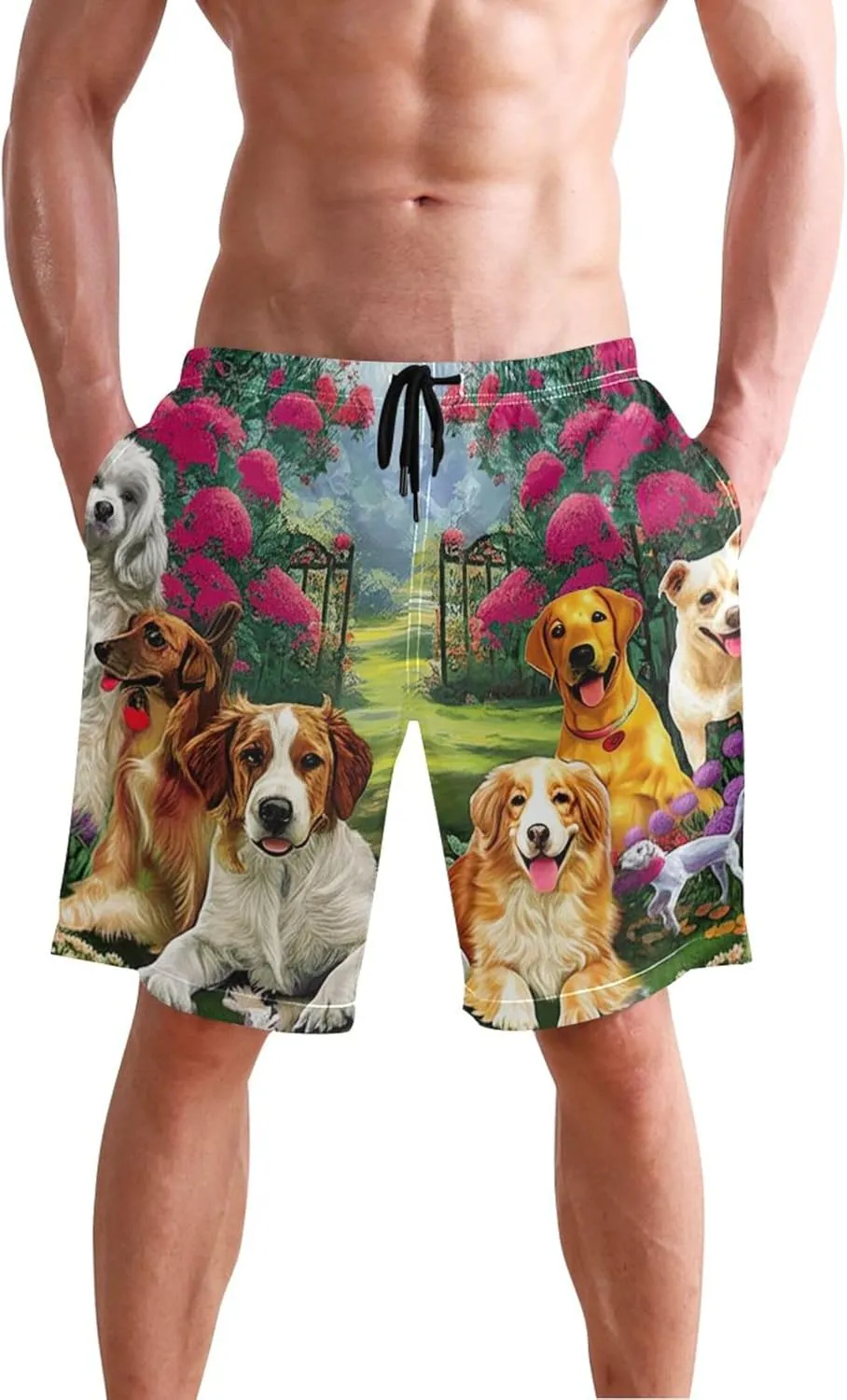 Cute Dogs Flower Garden Mens Swimming Shorts Swim Trunks for Men Hawaiian Quick Dry Bathing Shorts S