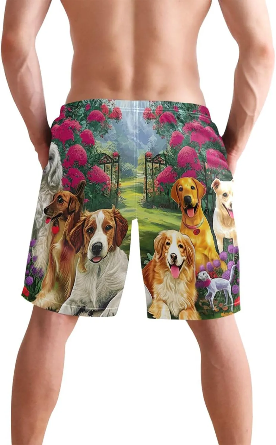 Cute Dogs Flower Garden Mens Swimming Shorts Swim Trunks for Men Hawaiian Quick Dry Bathing Shorts S