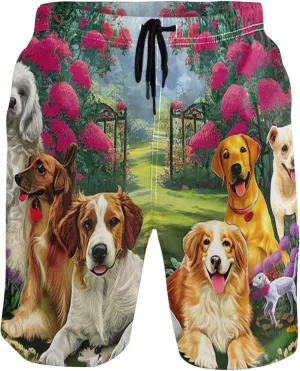 Cute Dogs Flower Garden Mens Swimming Shorts Swim Trunks for Men Hawaiian Quick Dry Bathing Shorts S