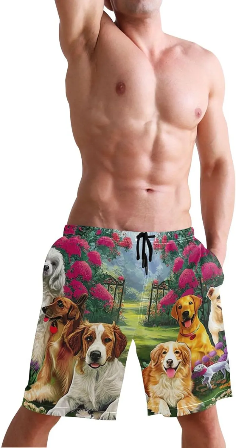 Cute Dogs Flower Garden Mens Swimming Shorts Swim Trunks for Men Hawaiian Quick Dry Bathing Shorts S