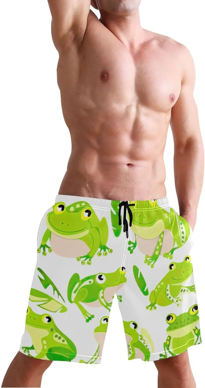 Cute Green Frogs Leafs Board Swimming Shorts Cute Swim Trunks Men Hawaiian Swimwear Quick Dry S