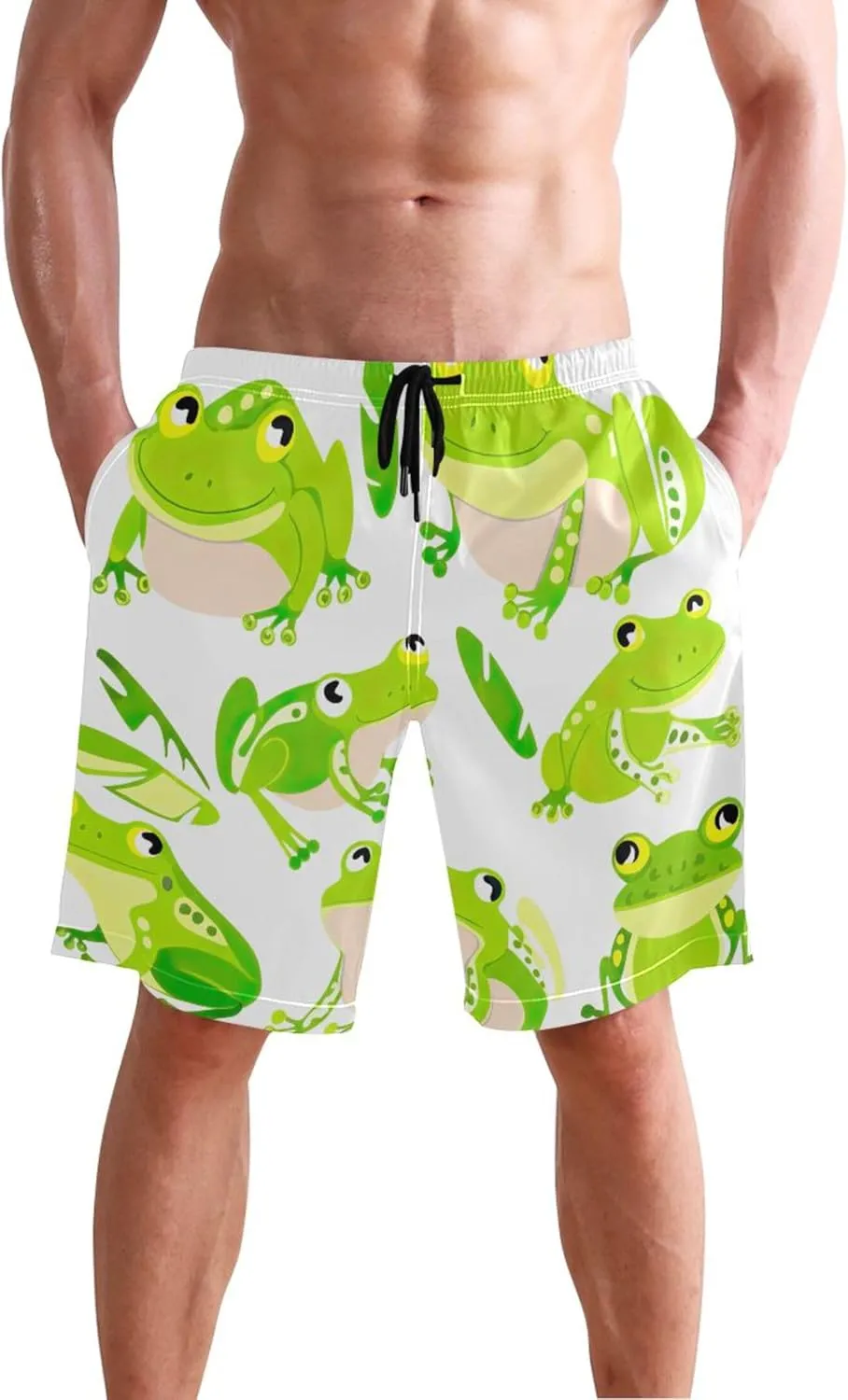 Cute Green Frogs Leafs Board Swimming Shorts Cute Swim Trunks Men Hawaiian Swimwear Quick Dry S