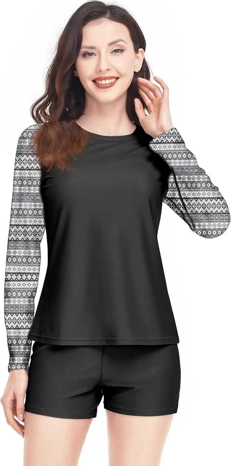 Davena Women 2 Piece Long Sleeve Rash Guard with Built in Bra Swimsuits UPF 50  Swim Shirt with Boyshort Bottom