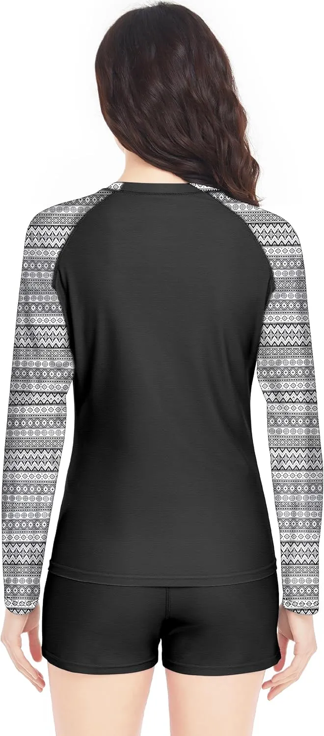 Davena Women 2 Piece Long Sleeve Rash Guard with Built in Bra Swimsuits UPF 50  Swim Shirt with Boyshort Bottom