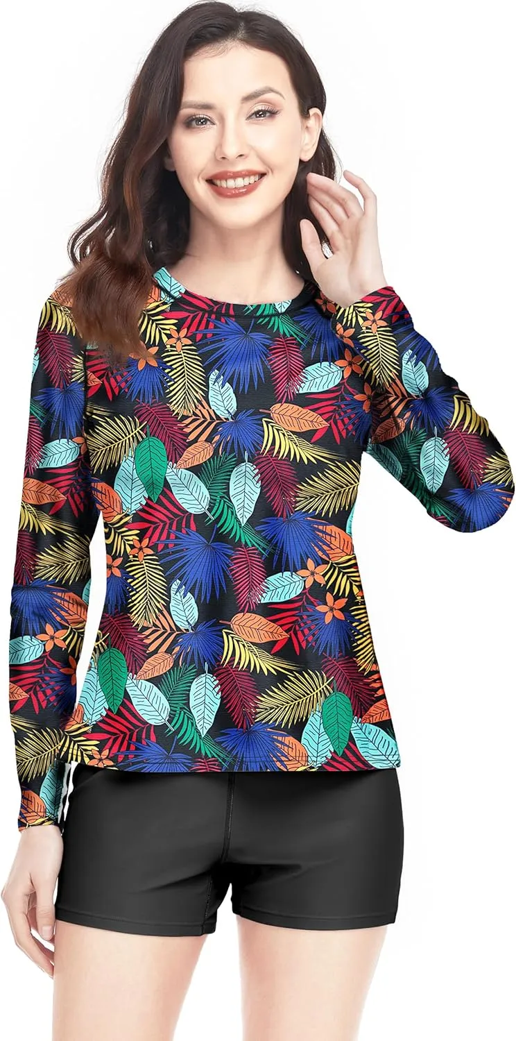 Davena Women 2 Piece Long Sleeve Rash Guard with Built in Bra Swimsuits UPF 50  Swim Shirt with Boyshort Bottom