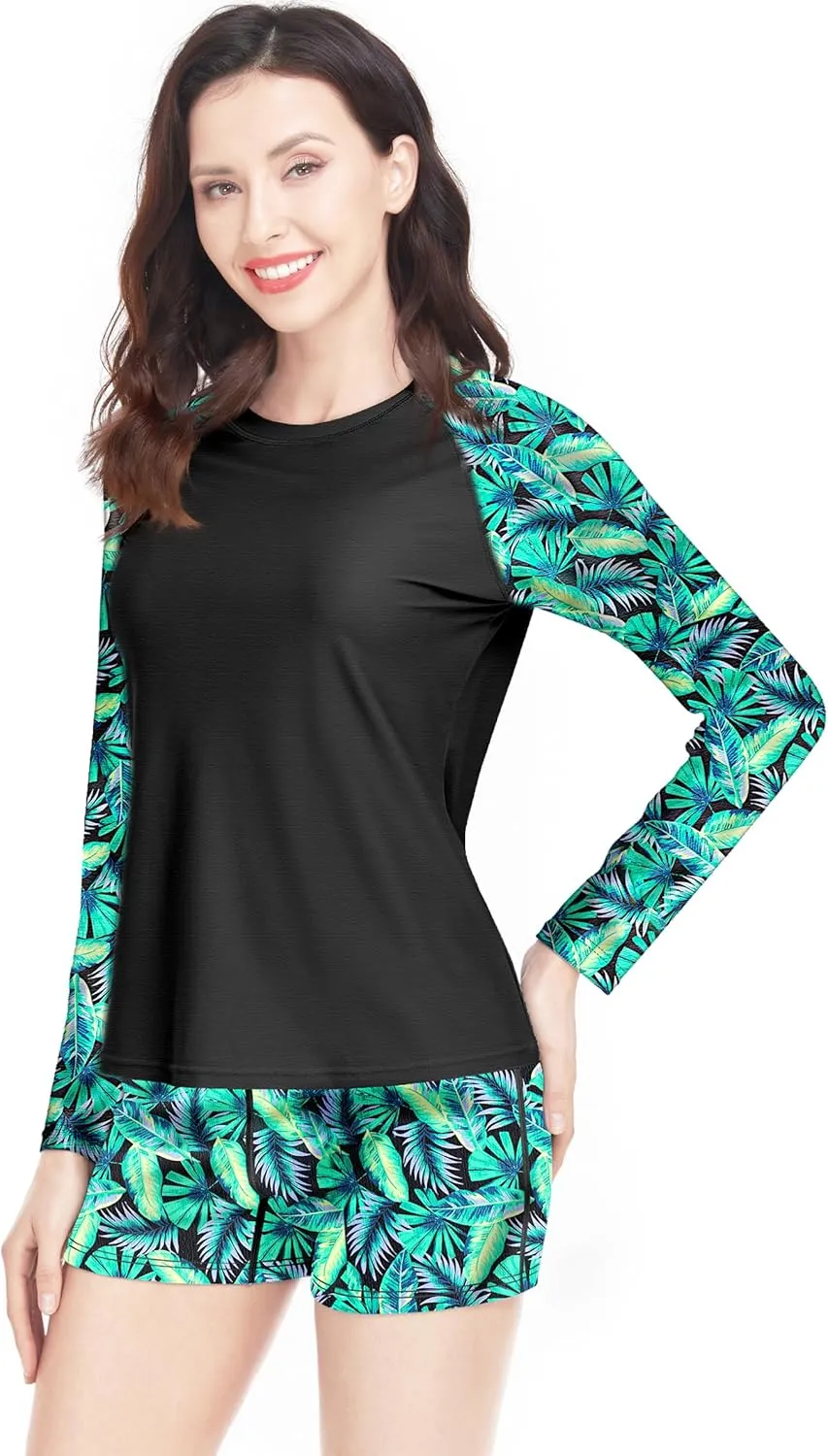 Davena Women 2 Piece Long Sleeve Rash Guard with Built in Bra Swimsuits UPF 50  Swim Shirt with Boyshort Bottom