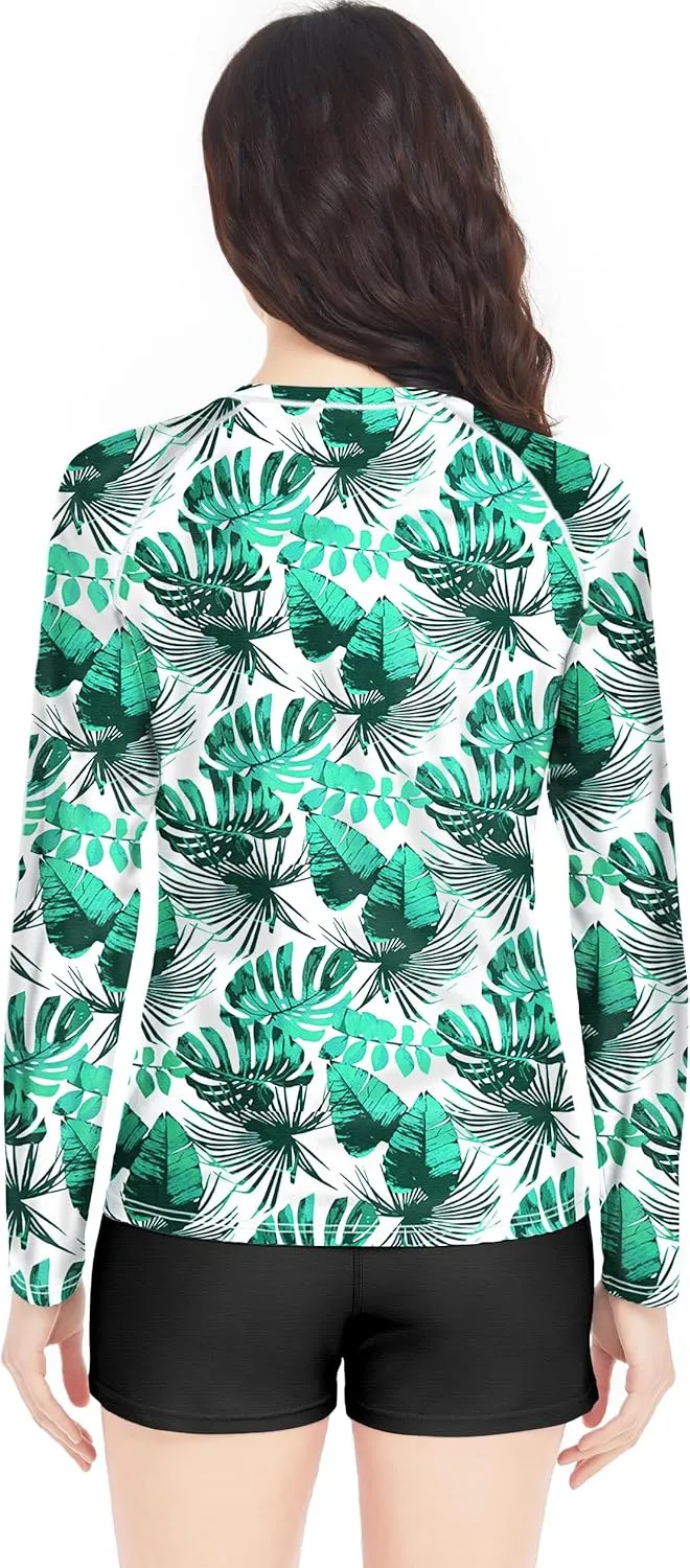 Davena Women 2 Piece Long Sleeve Rash Guard with Built in Bra Swimsuits UPF 50  Swim Shirt with Boyshort Bottom