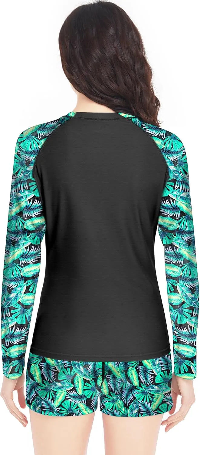 Davena Women 2 Piece Long Sleeve Rash Guard with Built in Bra Swimsuits UPF 50  Swim Shirt with Boyshort Bottom