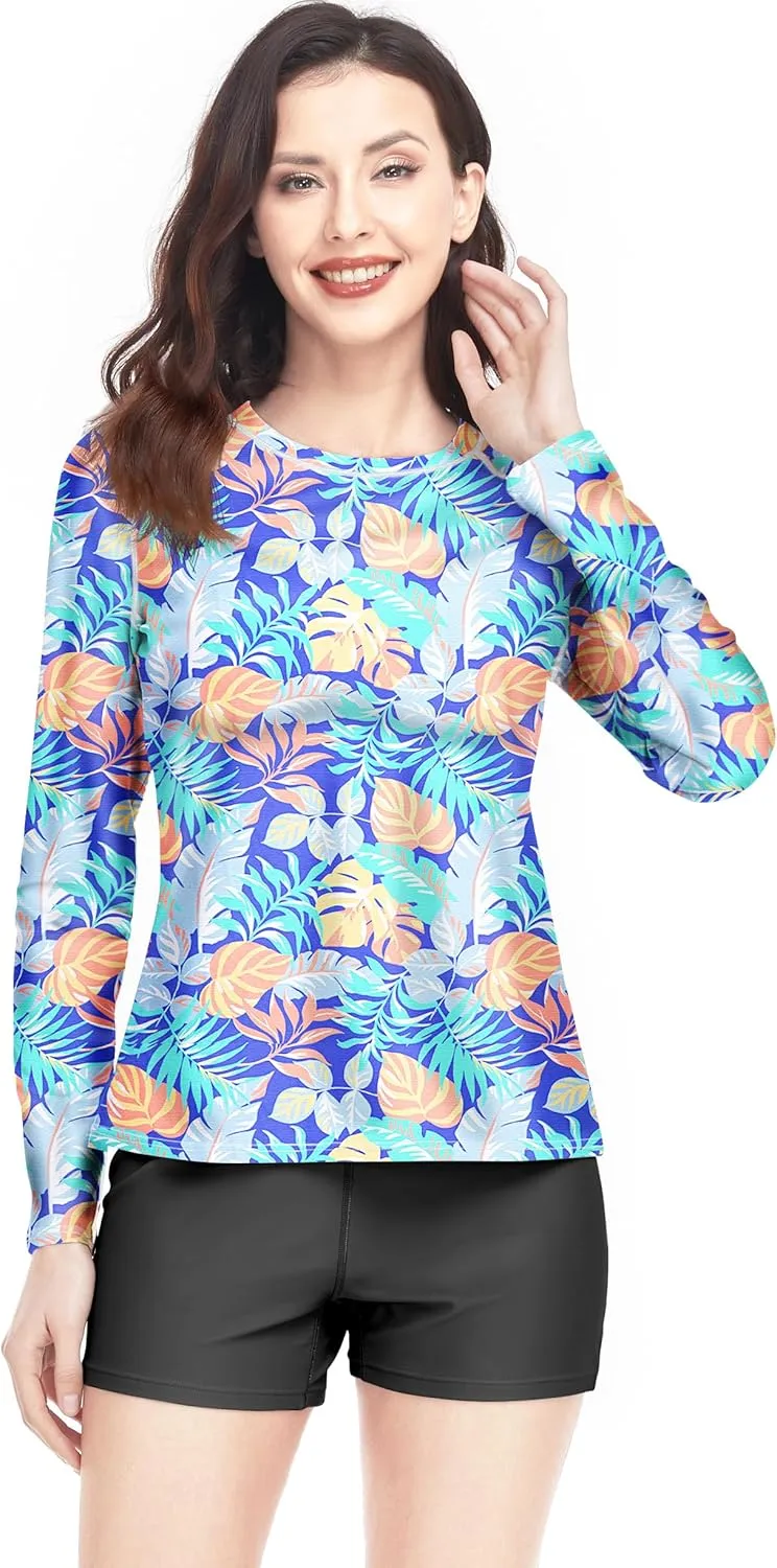 Davena Women 2 Piece Long Sleeve Rash Guard with Built in Bra Swimsuits UPF 50  Swim Shirt with Boyshort Bottom