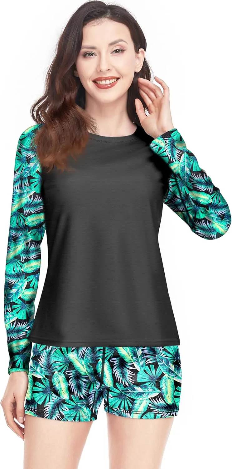 Davena Women 2 Piece Long Sleeve Rash Guard with Built in Bra Swimsuits UPF 50  Swim Shirt with Boyshort Bottom