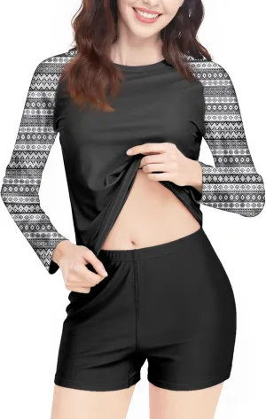 Davena Women 2 Piece Long Sleeve Rash Guard with Built in Bra Swimsuits UPF 50  Swim Shirt with Boyshort Bottom