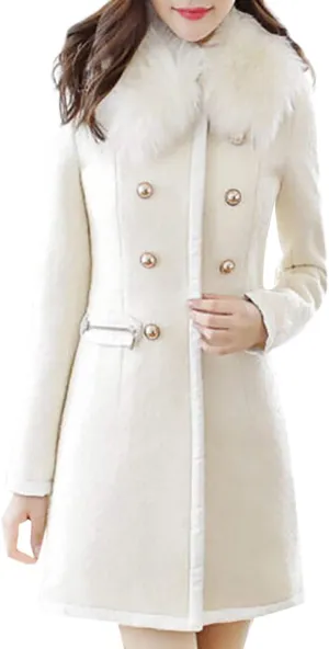 DDAPJ pyju Womens Elegant Peacoat Faux Fur Collar Double-Breasted Trench Coat Mid Long Wool Blend Warm Jacket Winter Overcoat