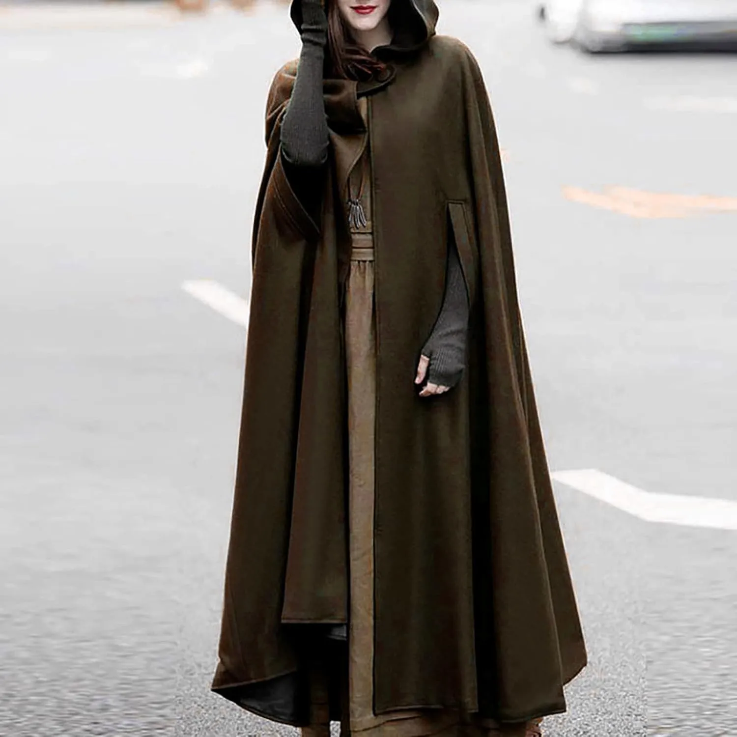 DDAPJ pyju Womens Hooded Open Front Cardigan Wool Blend Long Cape Coat Winter Casual Maxi Cloak Trench Coat Outwear Jacket