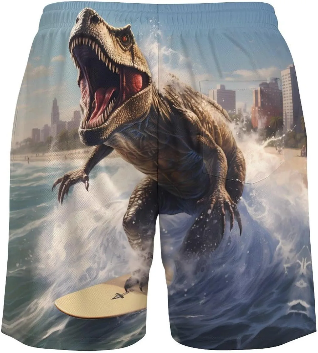 Dinosaur Rocking on The Surf Mens Swim Trunks with Compression Liner Pockets Quick Dry Beach Swimming Shorts
