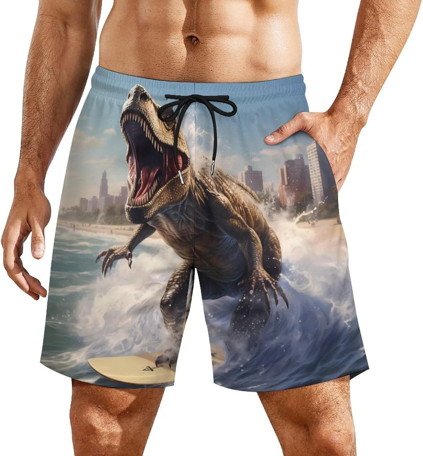 Dinosaur Rocking on The Surf Mens Swim Trunks with Compression Liner Pockets Quick Dry Beach Swimming Shorts