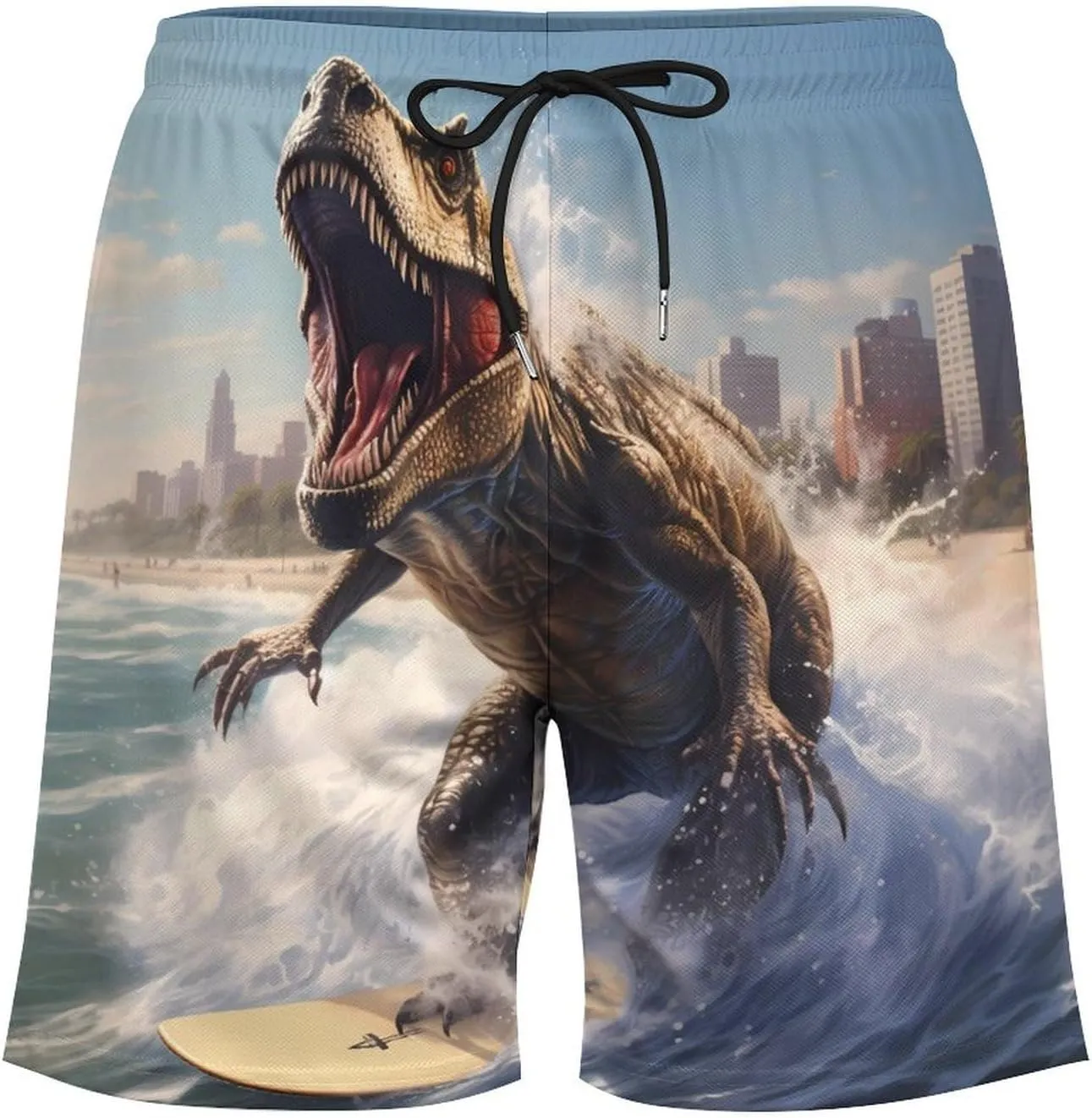 Dinosaur Rocking on The Surf Mens Swim Trunks with Compression Liner Pockets Quick Dry Beach Swimming Shorts