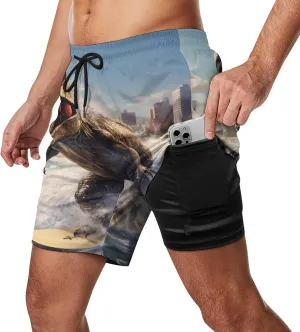 Dinosaur Rocking on The Surf Mens Swim Trunks with Compression Liner Pockets Quick Dry Beach Swimming Shorts
