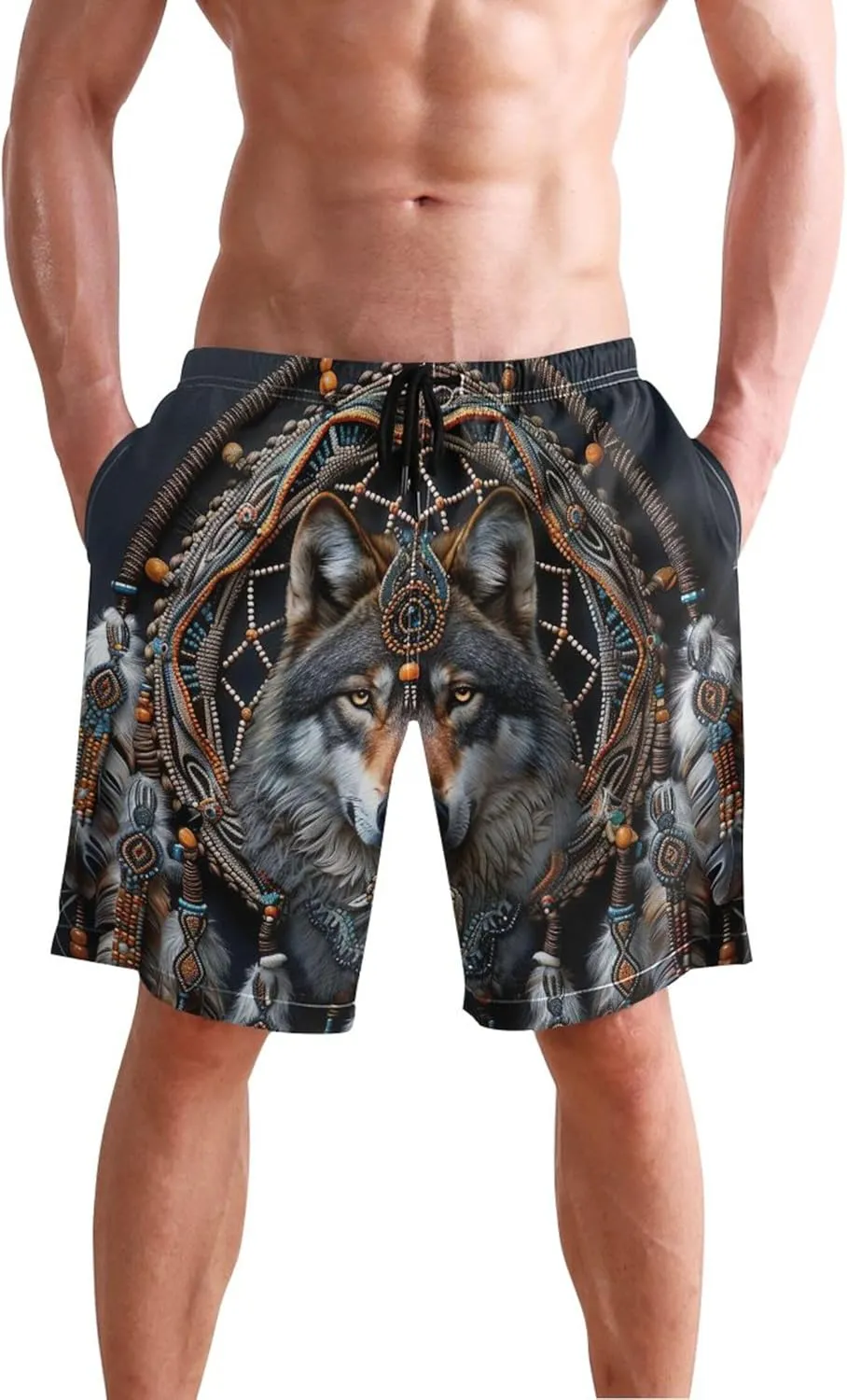Dream Catcher Wolf Swim Trunks Men Cute Swimwear Quick Dry Surf Mens Swimming Shorts S