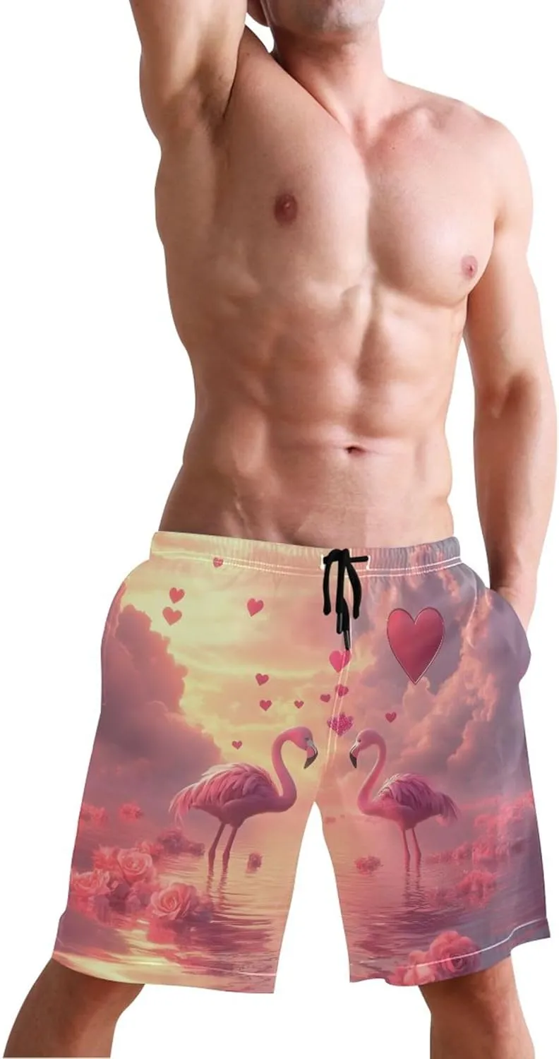 Dreamy Flamingos Hearts Sunset Pink Men's Swim Trunks Funny Swimwear Quick Dry Surf Beach Swimming Shorts S