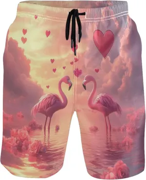 Dreamy Flamingos Hearts Sunset Pink Men's Swim Trunks Funny Swimwear Quick Dry Surf Beach Swimming Shorts S