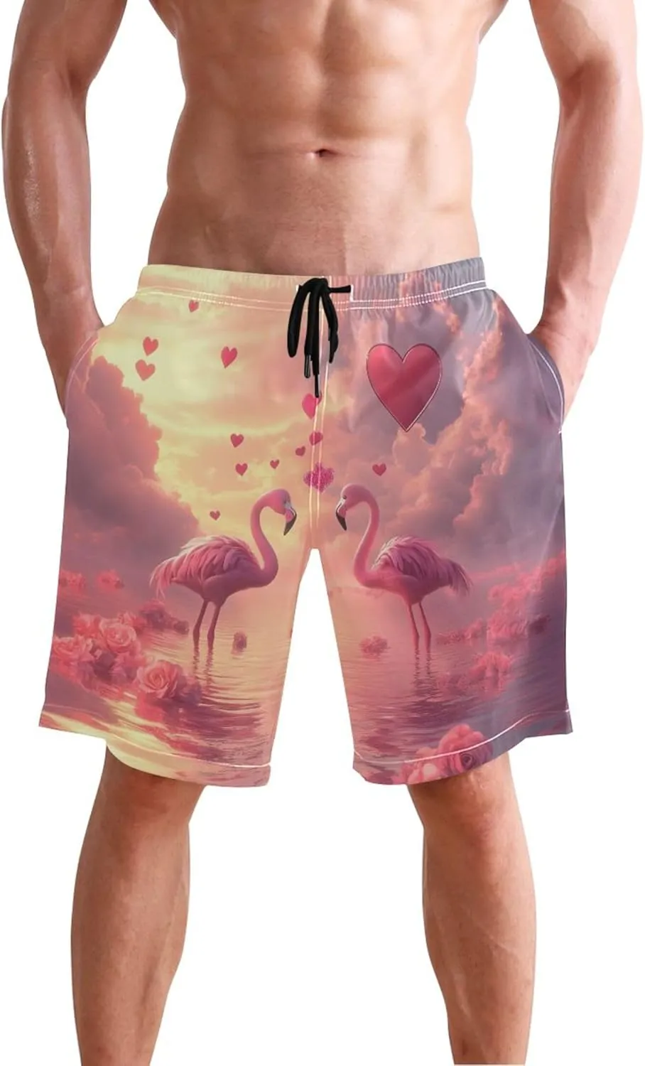 Dreamy Flamingos Hearts Sunset Pink Men's Swim Trunks Funny Swimwear Quick Dry Surf Beach Swimming Shorts S