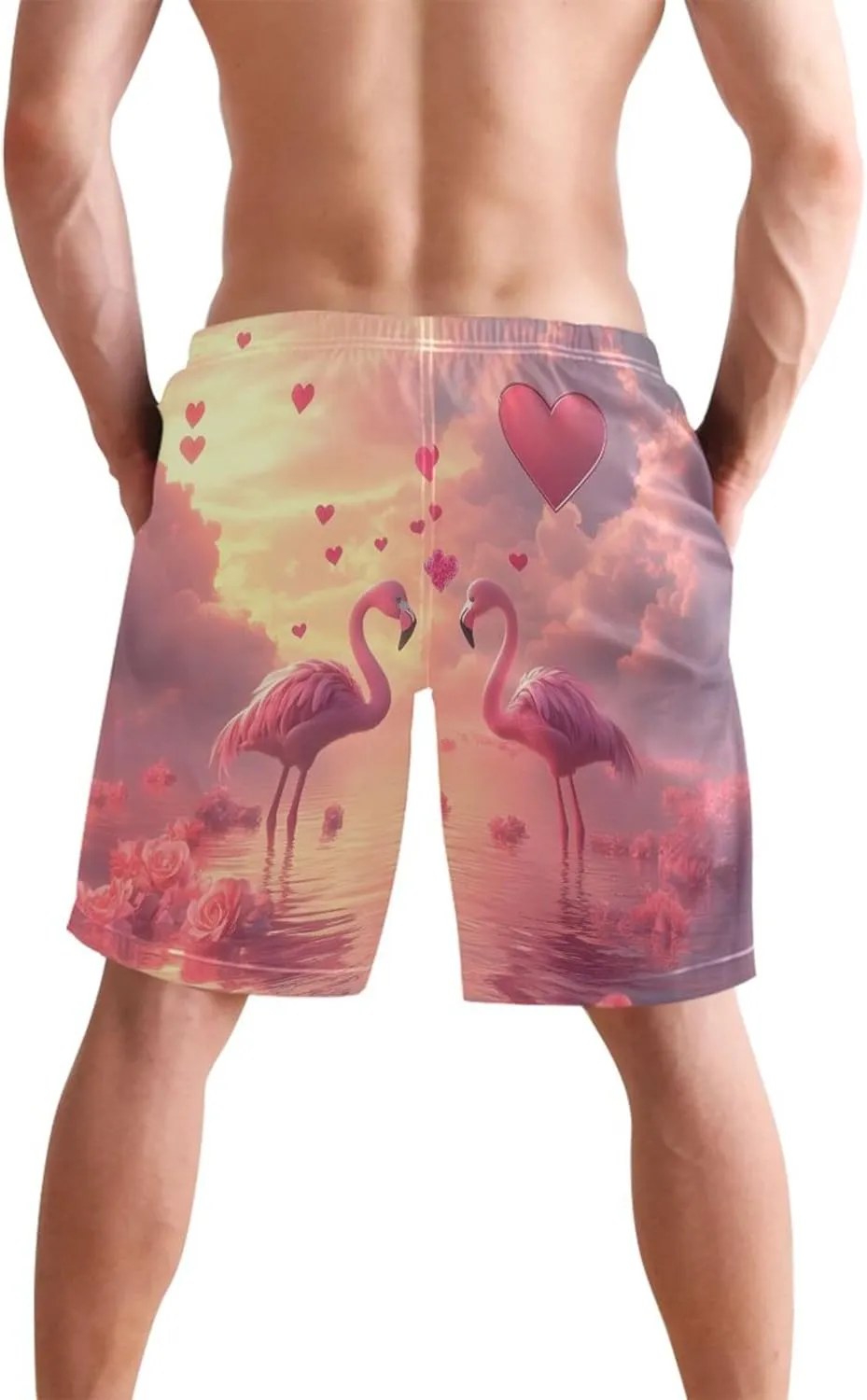 Dreamy Flamingos Hearts Sunset Pink Men's Swim Trunks Funny Swimwear Quick Dry Surf Beach Swimming Shorts S
