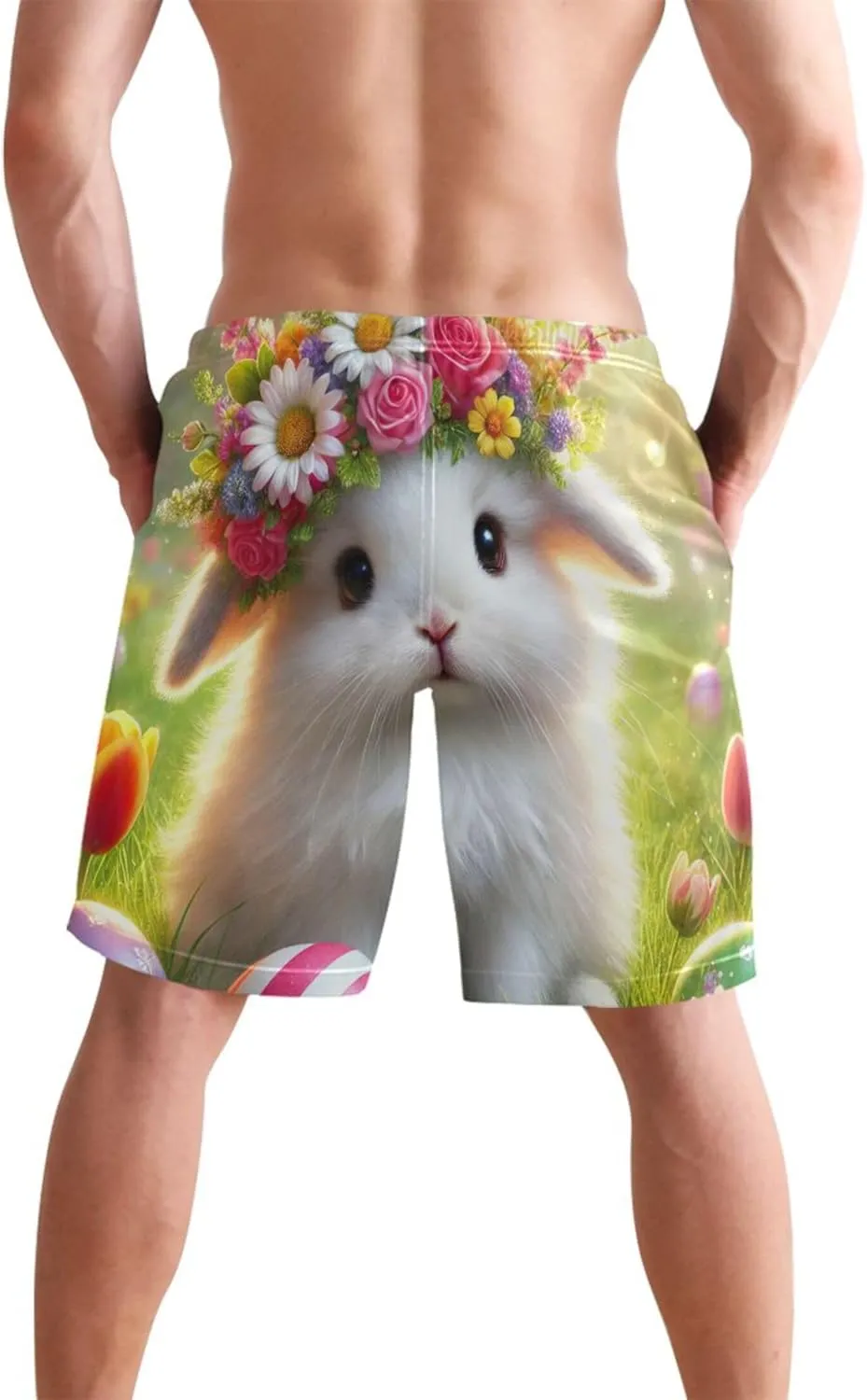 Easter Bunny Floral Crown Swim Trunks for Men Quick Dry Bathing Shorts Surf Mens Swimming Shorts S