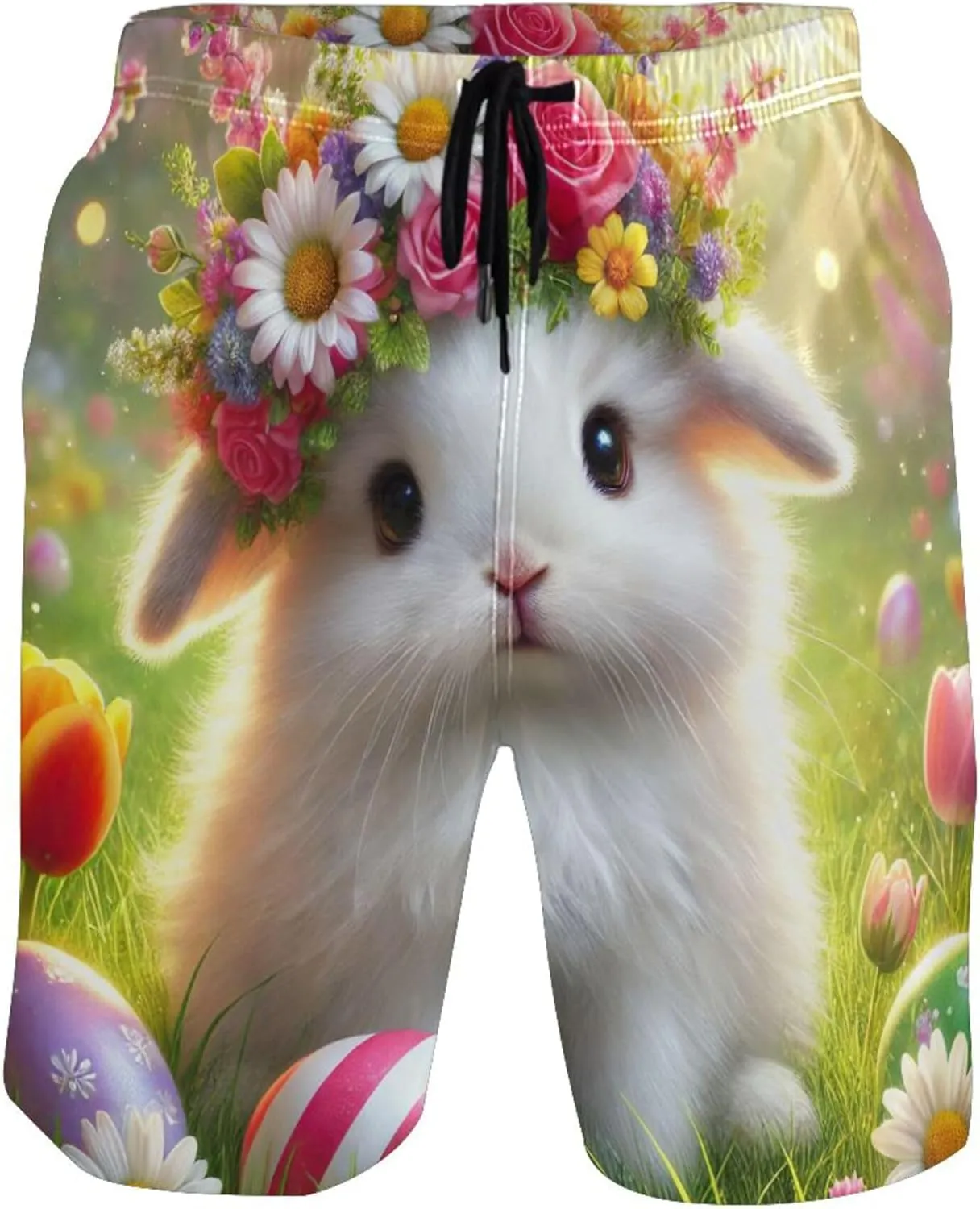 Easter Bunny Floral Crown Swim Trunks for Men Quick Dry Bathing Shorts Surf Mens Swimming Shorts S