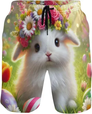 Easter Bunny Floral Crown Swim Trunks for Men Quick Dry Bathing Shorts Surf Mens Swimming Shorts S