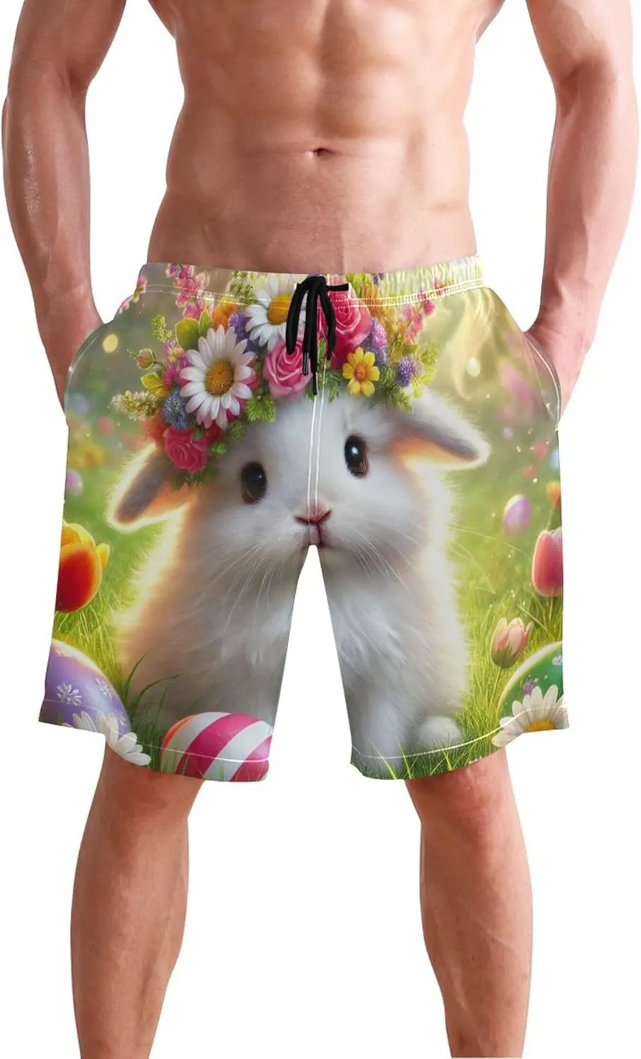 Easter Bunny Floral Crown Swim Trunks for Men Quick Dry Bathing Shorts Surf Mens Swimming Shorts S