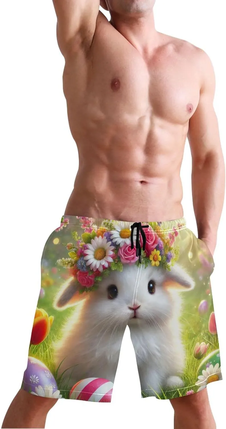 Easter Bunny Floral Crown Swim Trunks for Men Quick Dry Bathing Shorts Surf Mens Swimming Shorts S