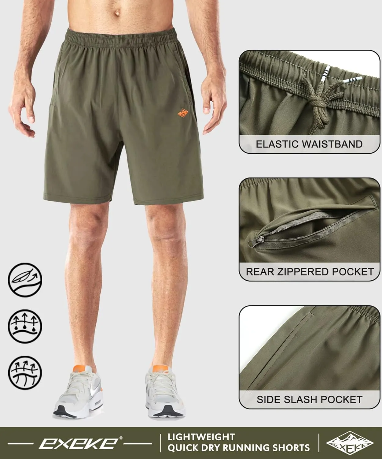EXEKE Men's Quick Dry Running Shorts Lightweight Gym Workout Shorts with Zipper Pockets