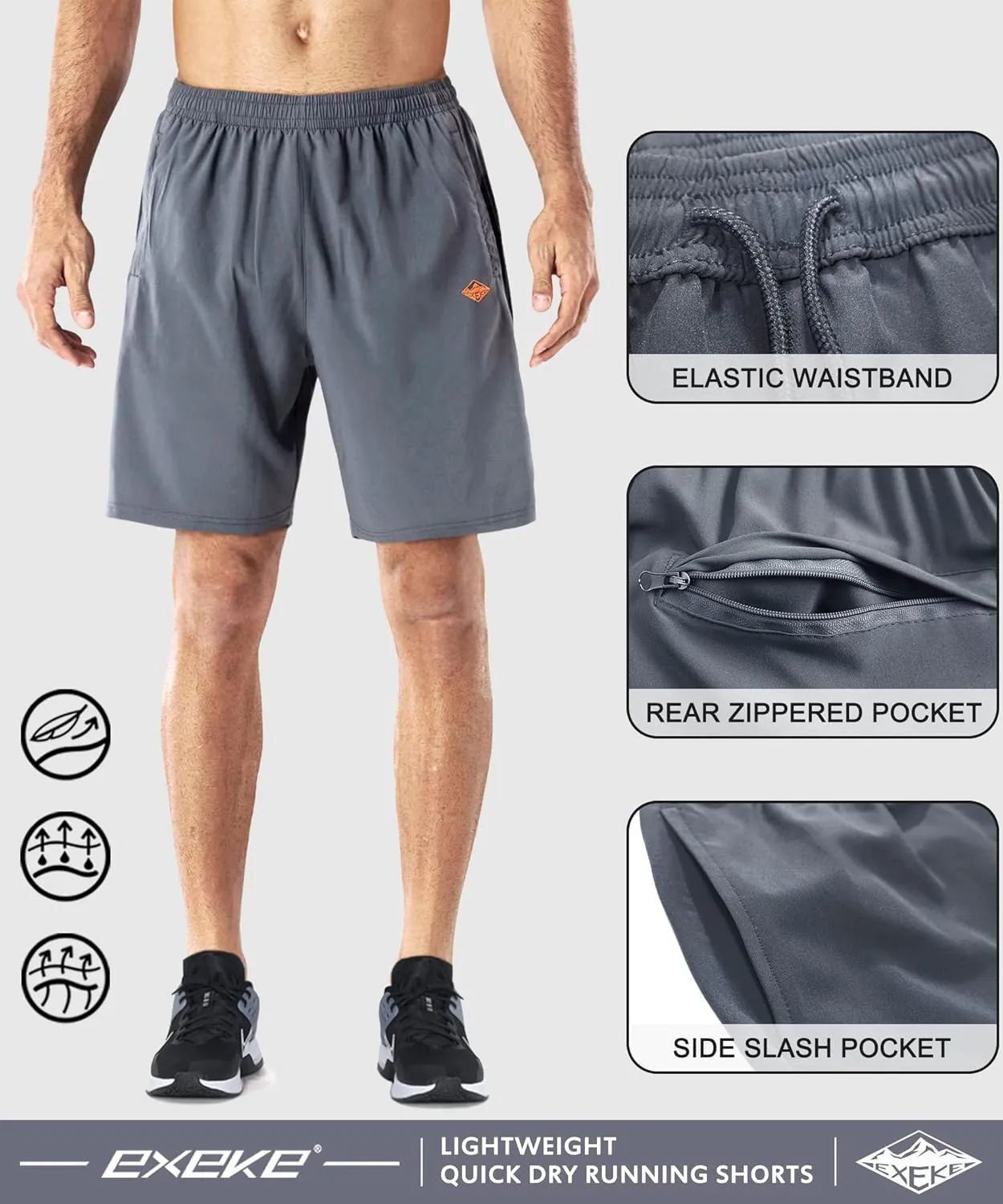 EXEKE Men's Quick Dry Running Shorts Lightweight Gym Workout Shorts with Zipper Pockets