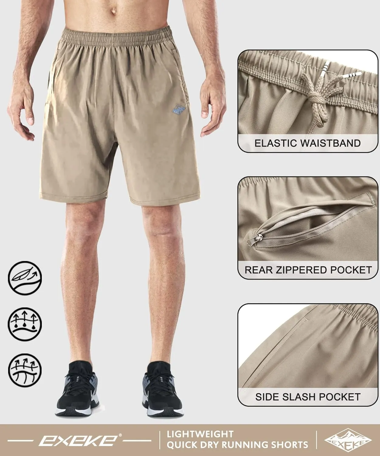 EXEKE Men's Quick Dry Running Shorts Lightweight Gym Workout Shorts with Zipper Pockets