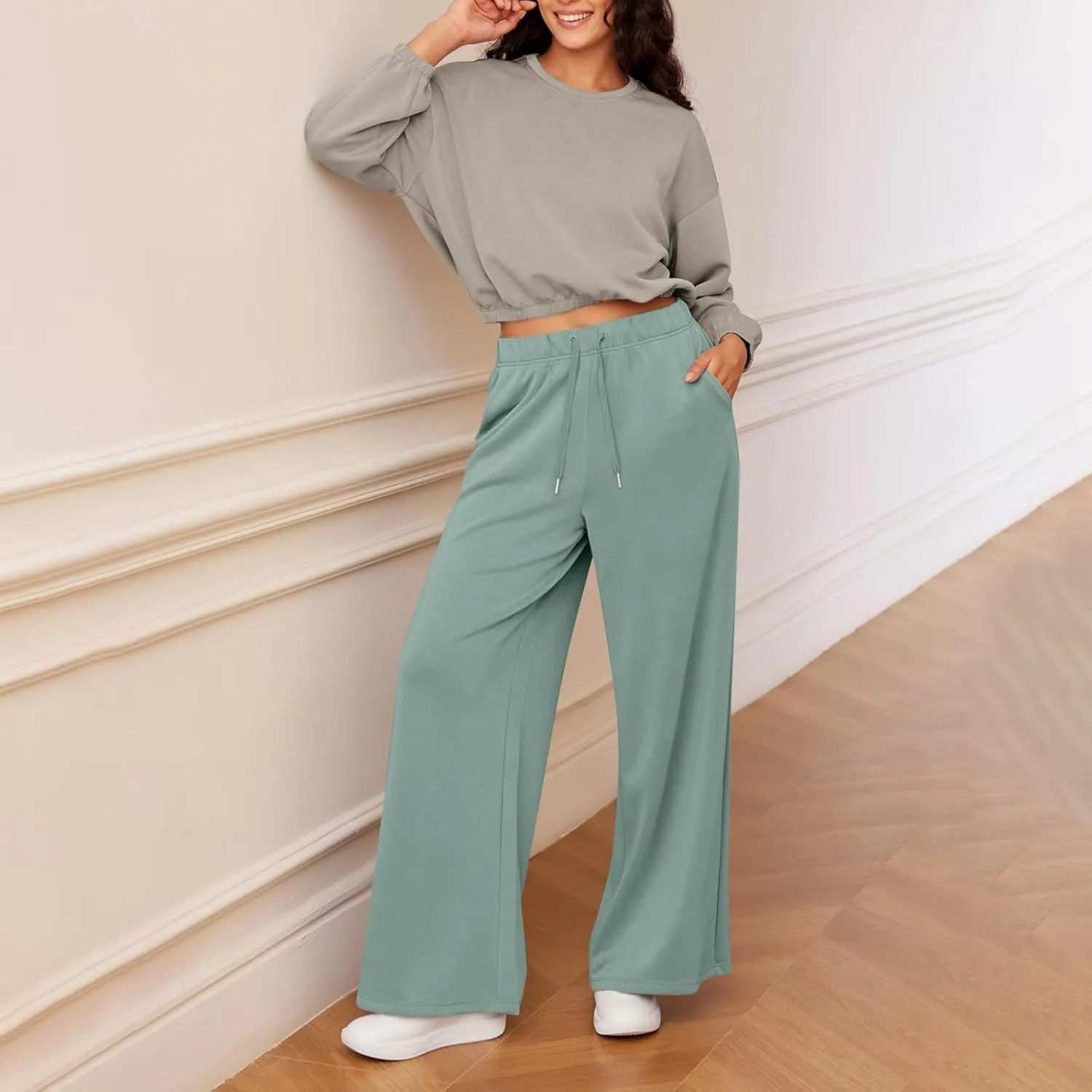 fanmpghleoo Wide Leg Sweatpants Women Baggy Drawstring High Waisted Joggers with Pockets Lightweight Casual Comfy Sweat Pants