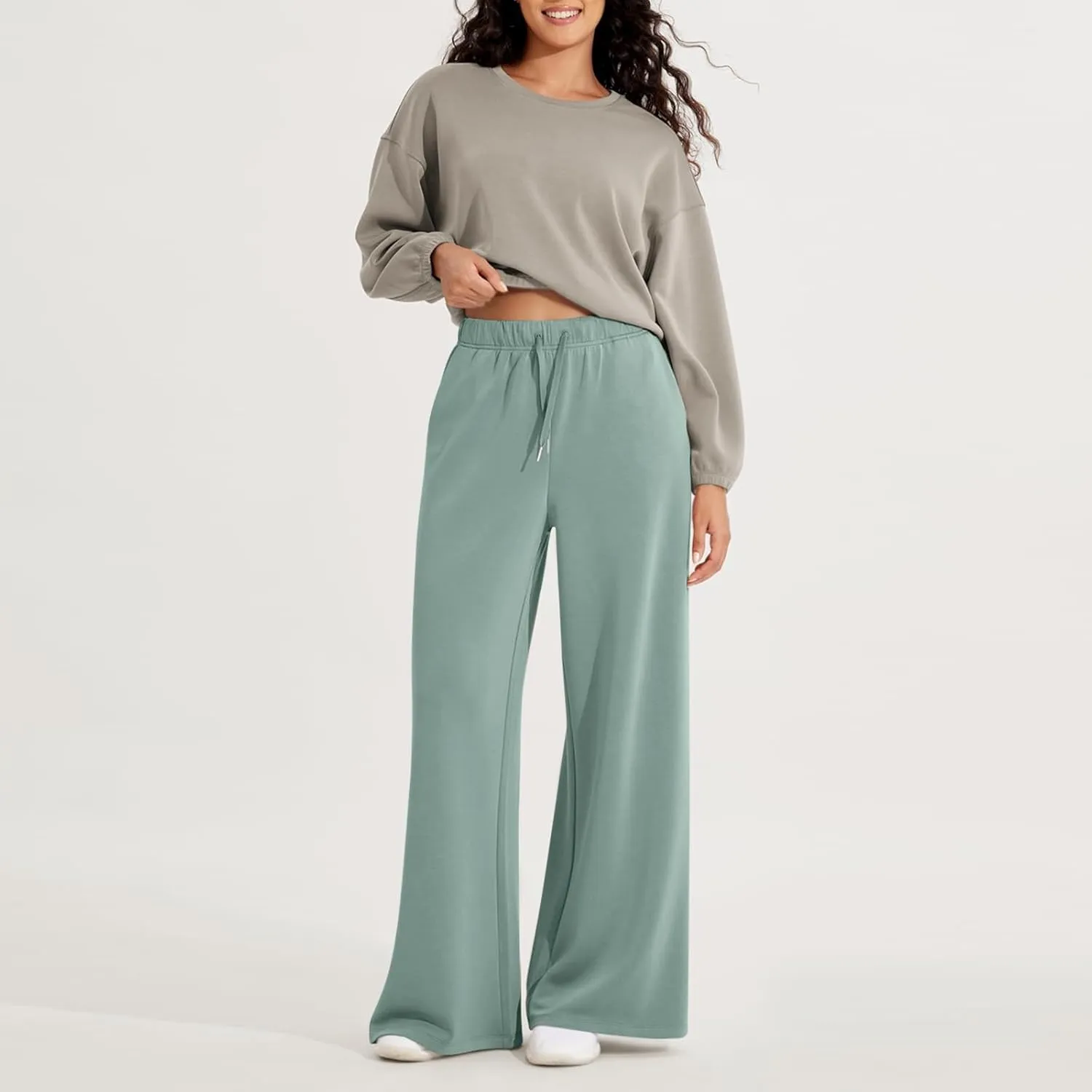 fanmpghleoo Wide Leg Sweatpants Women Baggy Drawstring High Waisted Joggers with Pockets Lightweight Casual Comfy Sweat Pants