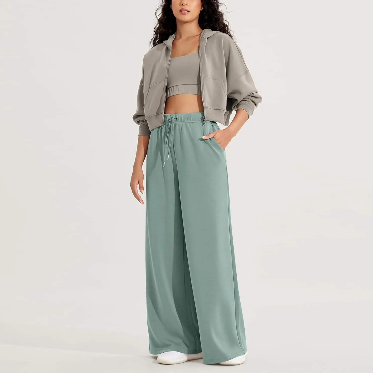 fanmpghleoo Wide Leg Sweatpants Women Baggy Drawstring High Waisted Joggers with Pockets Lightweight Casual Comfy Sweat Pants