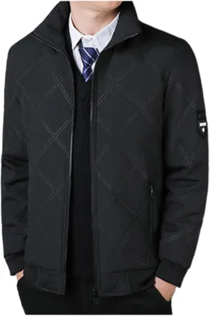 Finelylove Winter Jackets for Men Diamond Quilted Bomber Jacket Stand Collar Sherpa Lined Fleece Outwear Coat Fashion