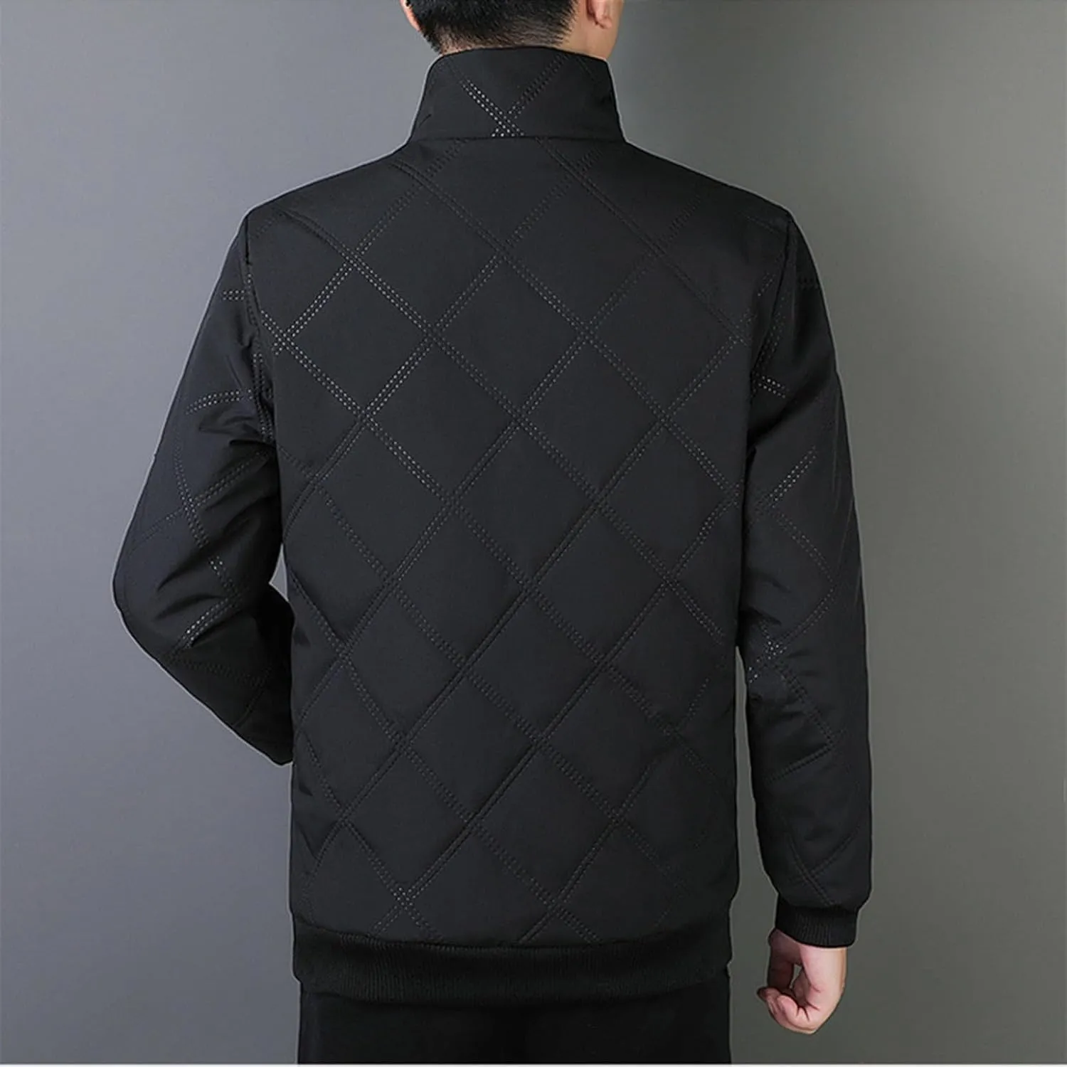 Finelylove Winter Jackets for Men Diamond Quilted Bomber Jacket Stand Collar Sherpa Lined Fleece Outwear Coat Fashion