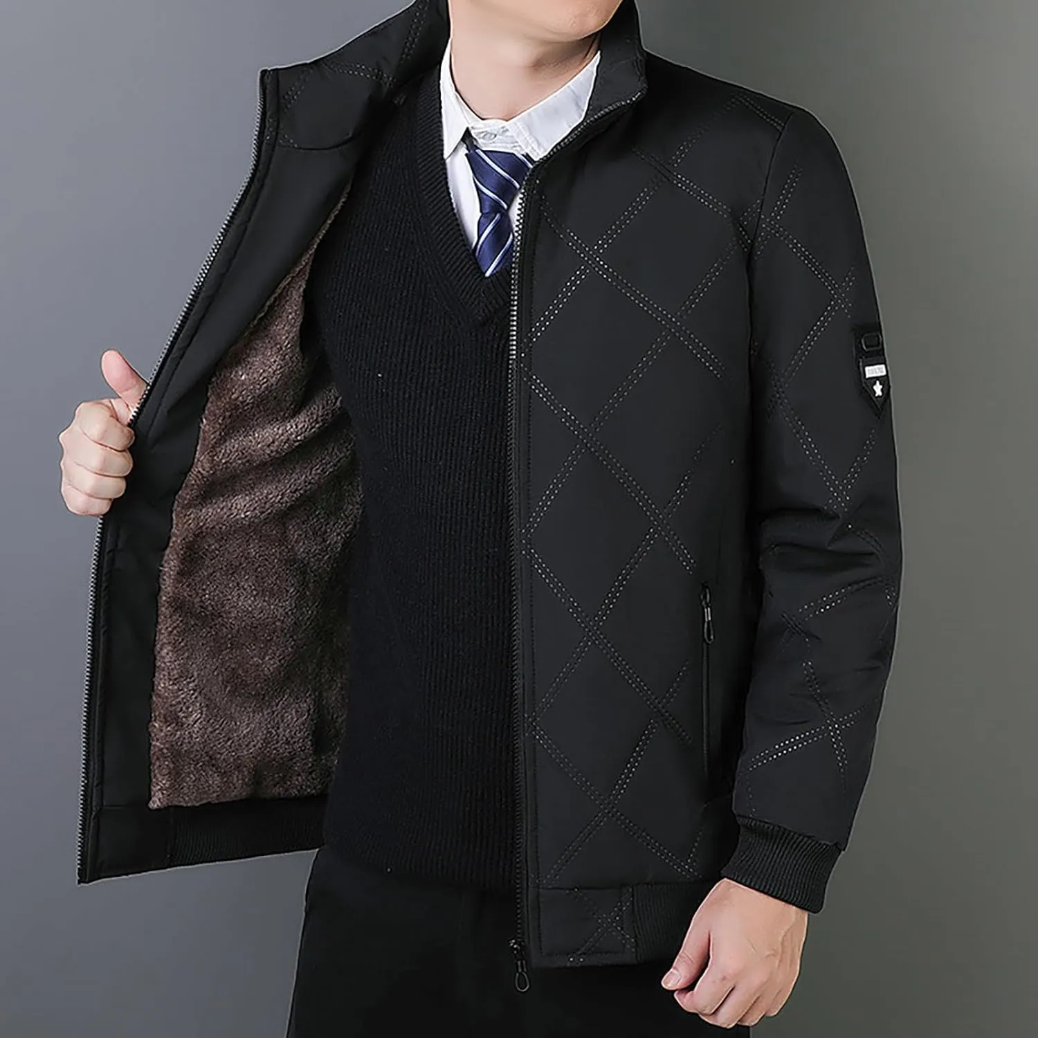 Finelylove Winter Jackets for Men Diamond Quilted Bomber Jacket Stand Collar Sherpa Lined Fleece Outwear Coat Fashion