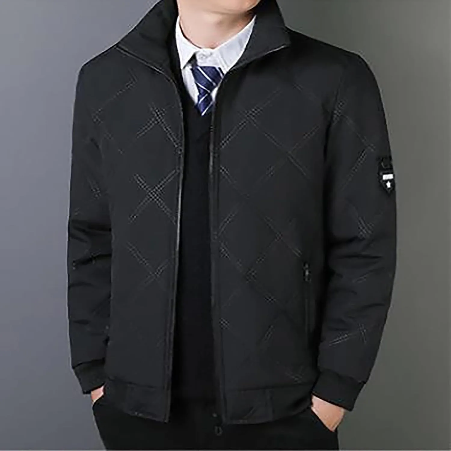Finelylove Winter Jackets for Men Diamond Quilted Bomber Jacket Stand Collar Sherpa Lined Fleece Outwear Coat Fashion