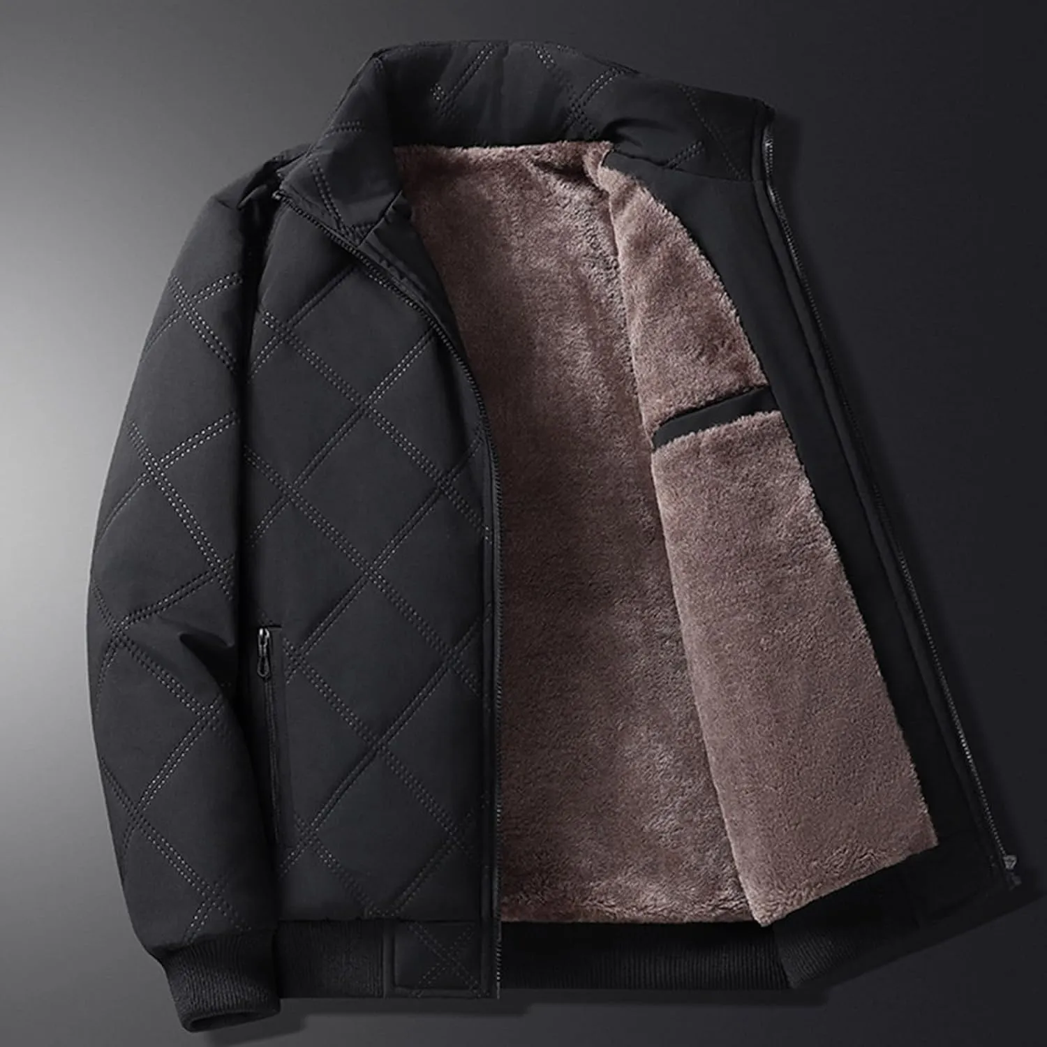 Finelylove Winter Jackets for Men Diamond Quilted Bomber Jacket Stand Collar Sherpa Lined Fleece Outwear Coat Fashion
