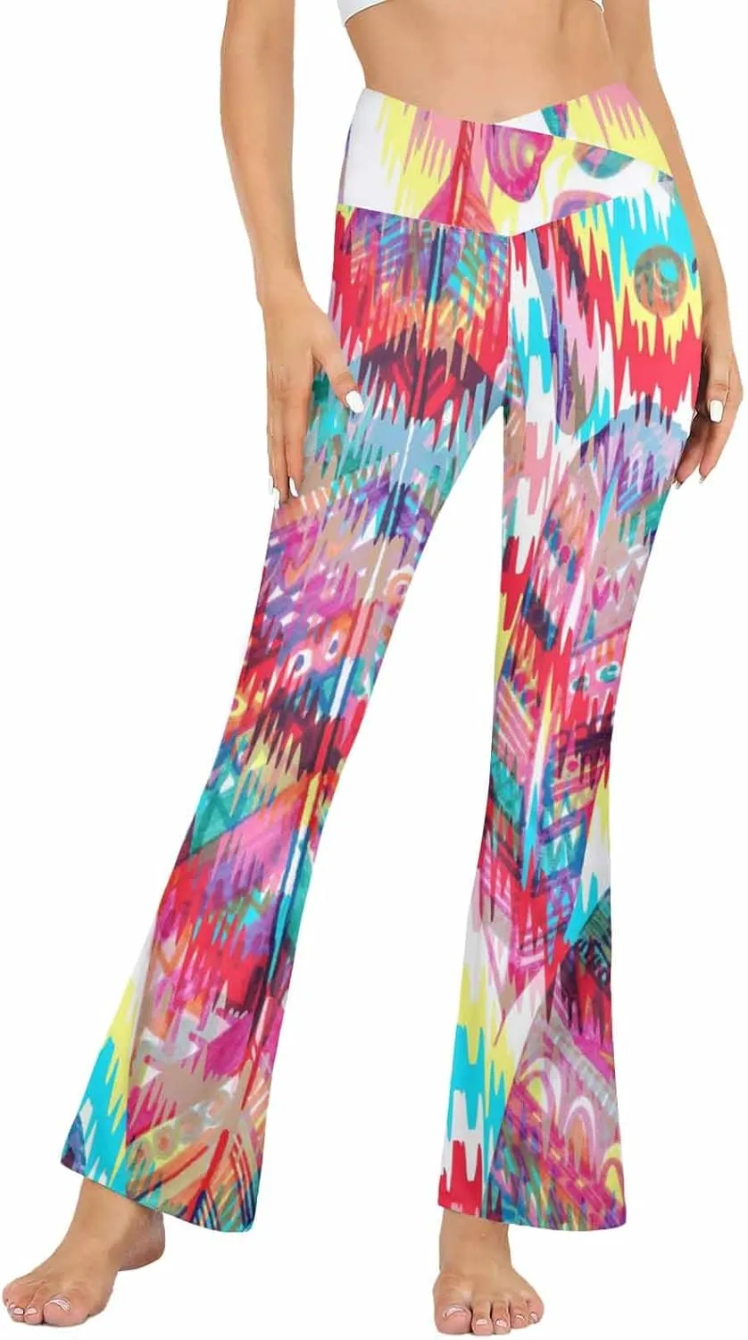Flair Leggings Abstract Geometric Art Printing Crossover High Waisted Bootcut Yoga Leggings-Flare Workout Gym Leggings