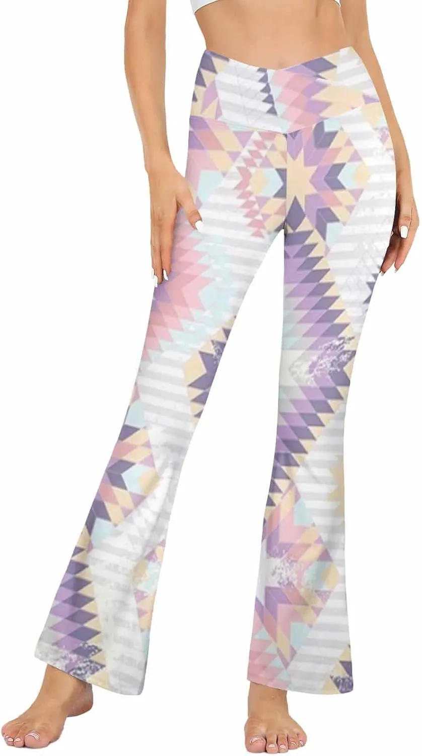 Flair Leggings Abstract Geometric Art Printing Crossover High Waisted Bootcut Yoga Leggings-Flare Workout Gym Leggings