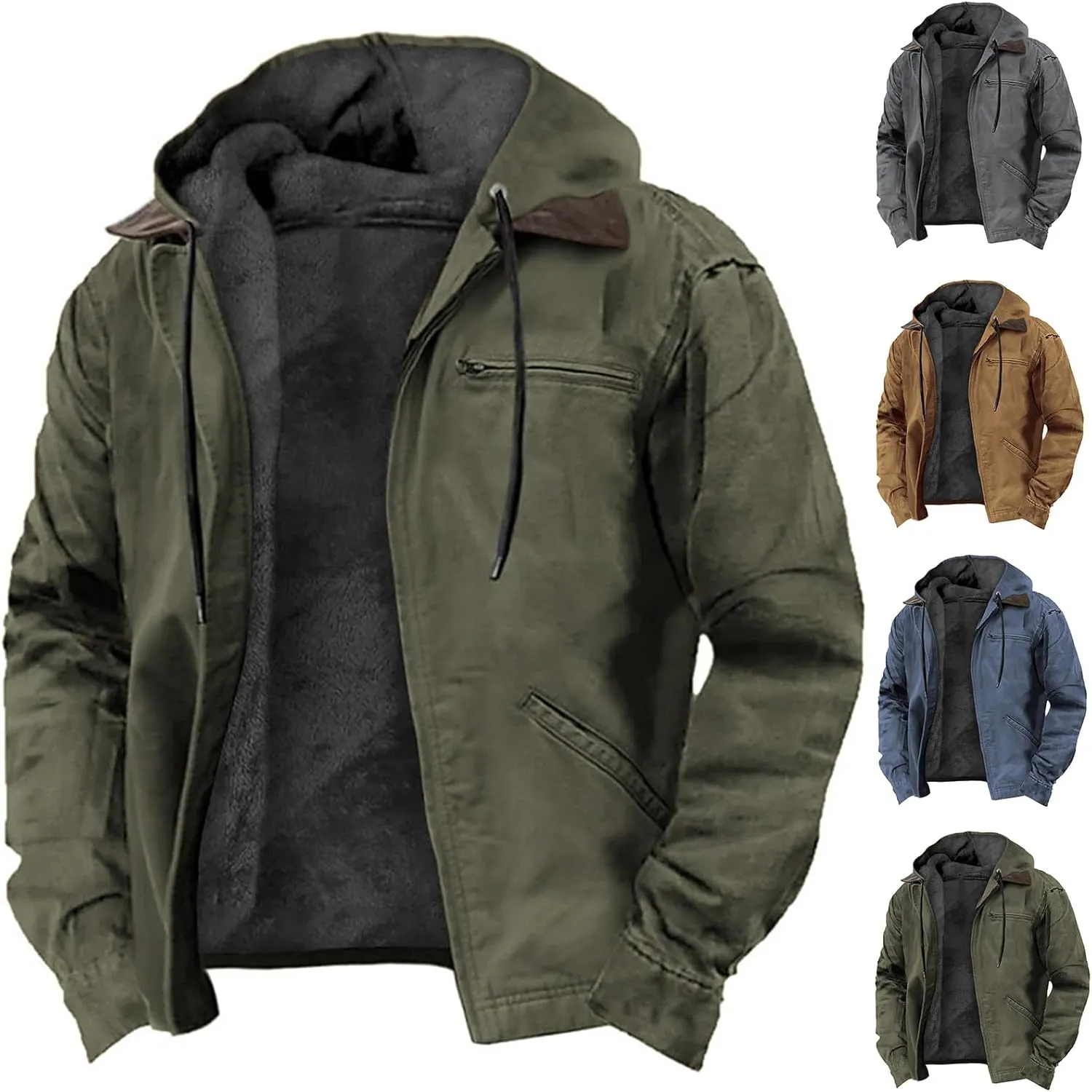 Fleece Hoodies for Men Sherpa Lined Hooded Thermal Jacket Tactical Military Cargo Jacket Full-Zip Sweatshirt Warm Coats