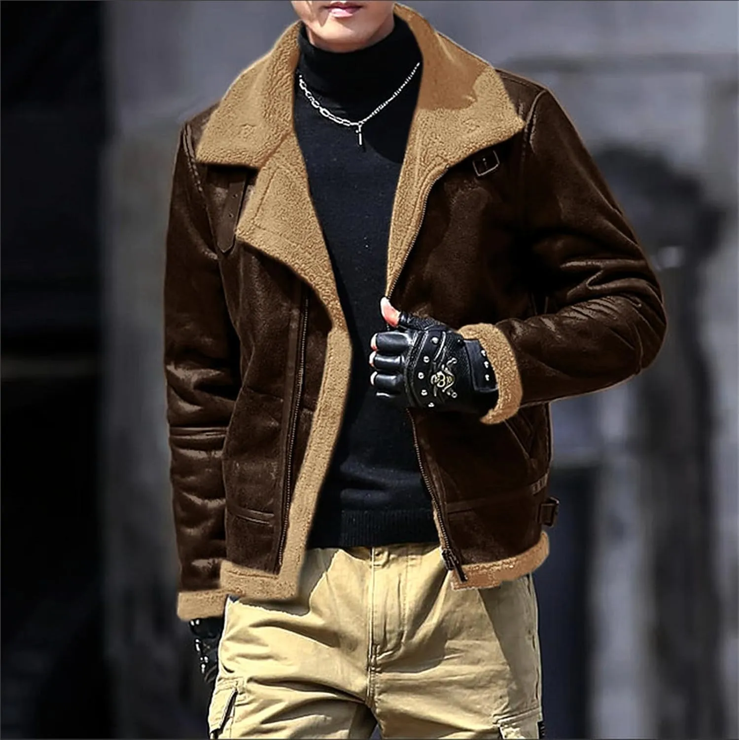 Fleece Lined Leather Jacket Men Vintage Faux Leather Suede Sherpa Coats Lapel Fur Collar Jackets Fall Winter Clothes